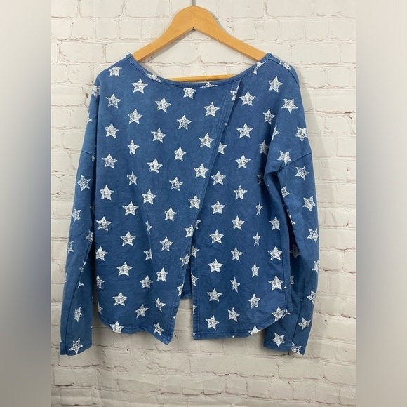 Poof Sweatshirt Womens Size Small Blue White Stars Long Sleeve Split Open Back - Picture 2 of 11